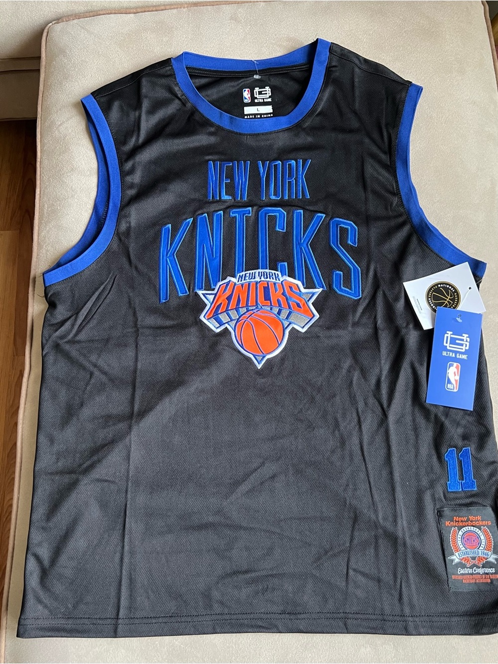 Jalen Brunson New York Knicks Black and Blue Sleeveless Jersey  Logo